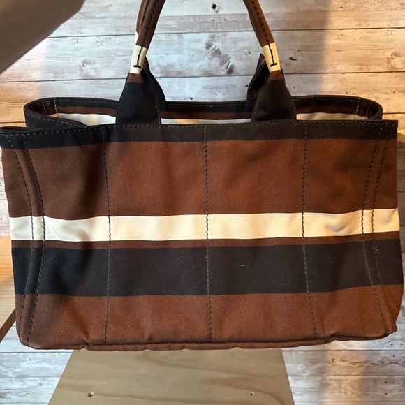 Authentic Prada Canvas Striped Tote Bag Brown Cream Large Shopper - Picture 2 of 13